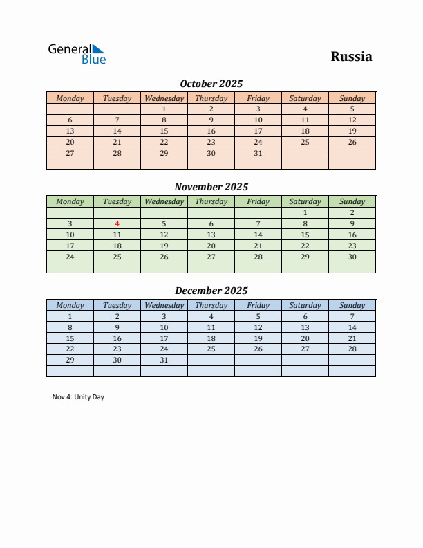 Q4 2025 Holiday Calendar - Russia