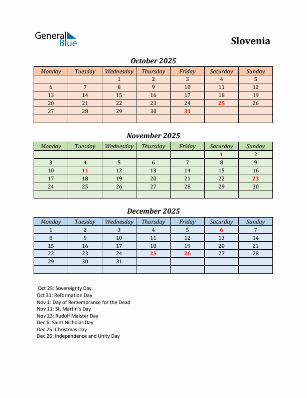 Q4 2025 Holiday Calendar - Slovenia