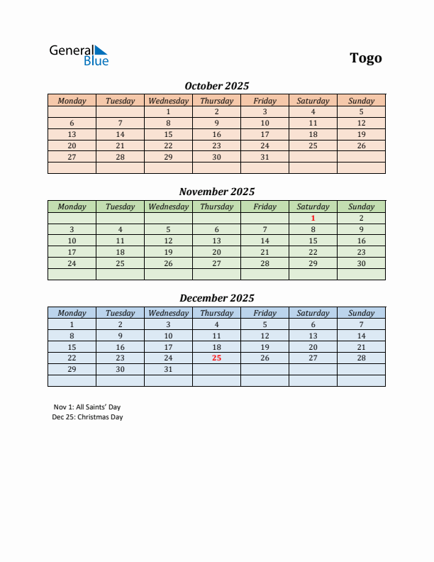 Q4 2025 Holiday Calendar - Togo