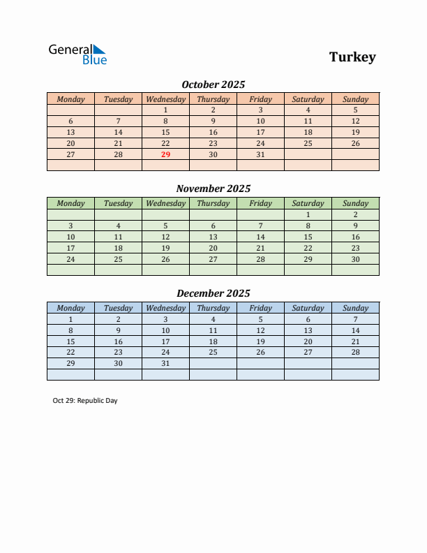 Q4 2025 Holiday Calendar - Turkey