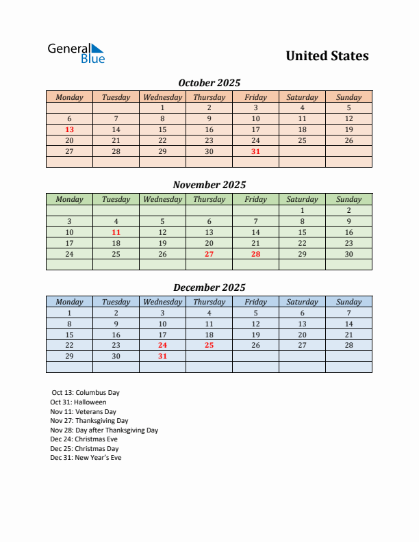 Q4 2025 Holiday Calendar - United States