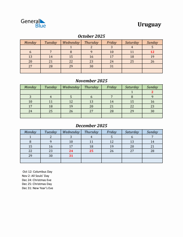 Q4 2025 Holiday Calendar - Uruguay