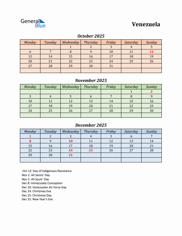 Q4 2025 Holiday Calendar - Venezuela