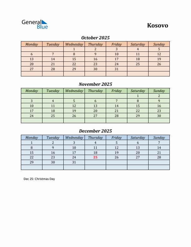 Q4 2025 Holiday Calendar - Kosovo