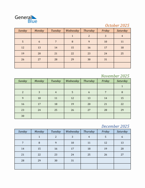 Three-Month Calendar for Year 2025 (October, November, and December)