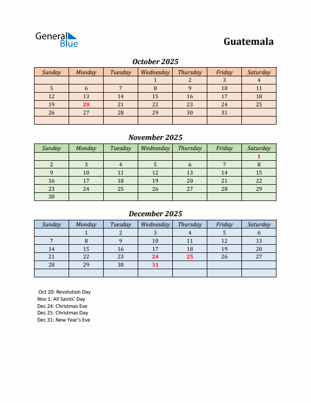 Q4 2025 Holiday Calendar - Guatemala