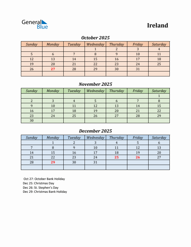 Q4 2025 Holiday Calendar - Ireland