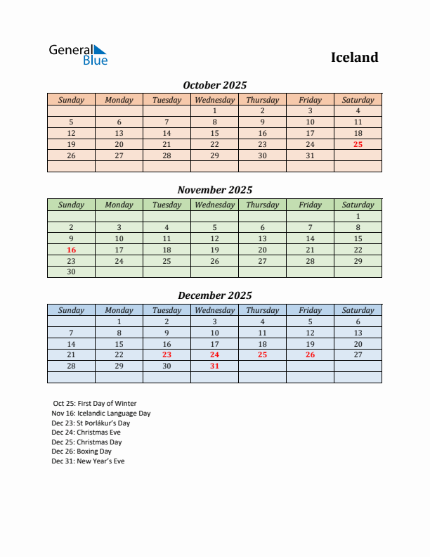 Q4 2025 Holiday Calendar - Iceland