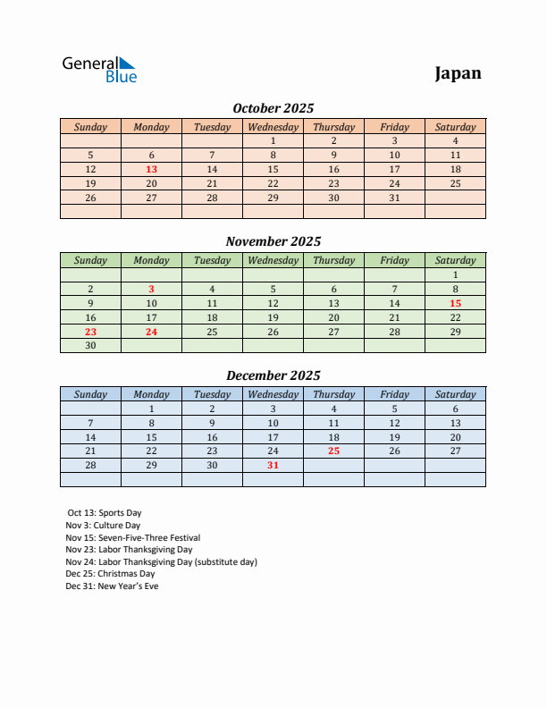 Q4 2025 Holiday Calendar - Japan