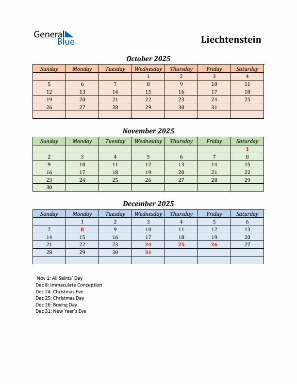 Q4 2025 Holiday Calendar - Liechtenstein