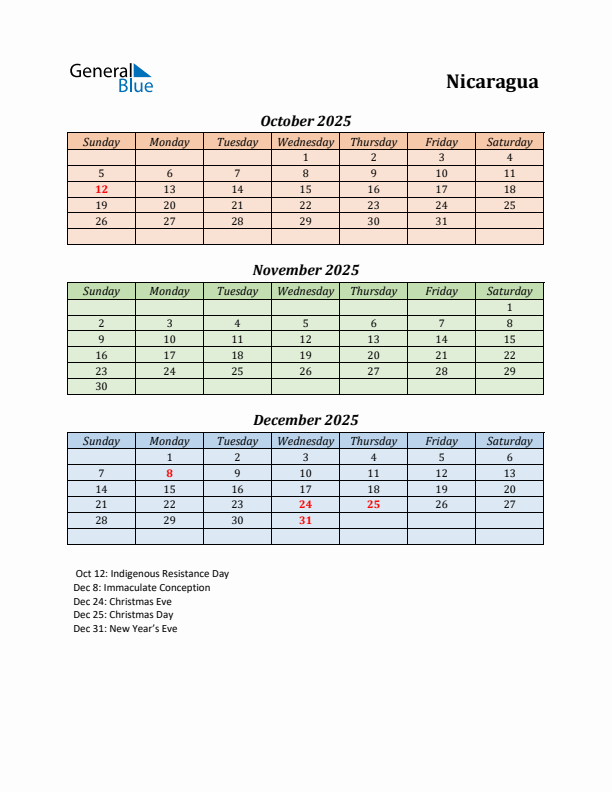 Q4 2025 Holiday Calendar - Nicaragua