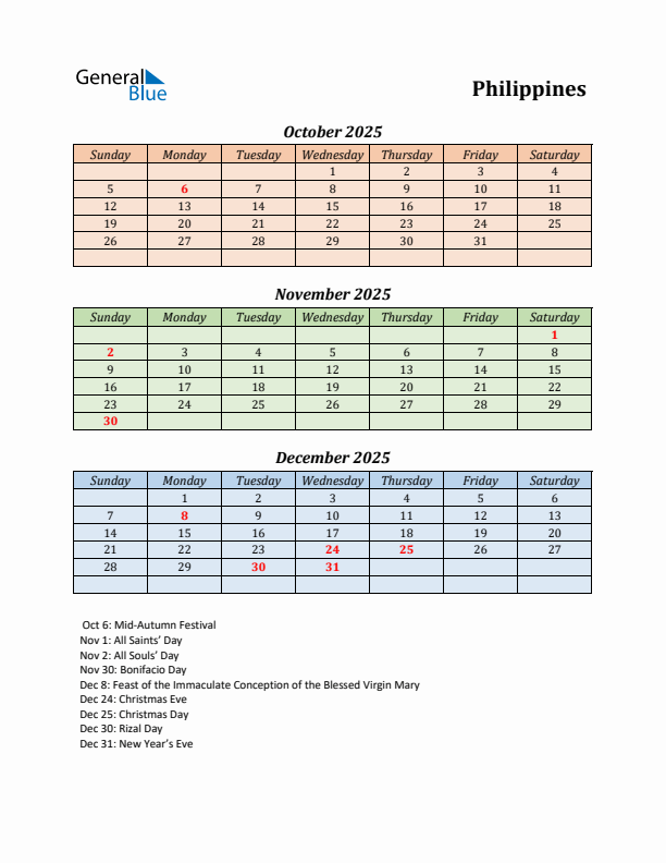 Q4 2025 Holiday Calendar - Philippines