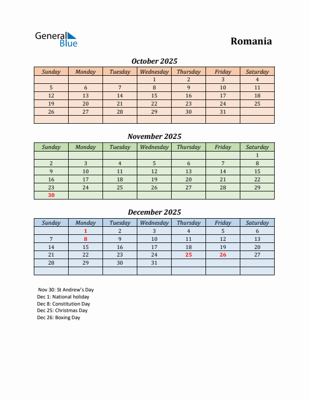 Q4 2025 Holiday Calendar - Romania