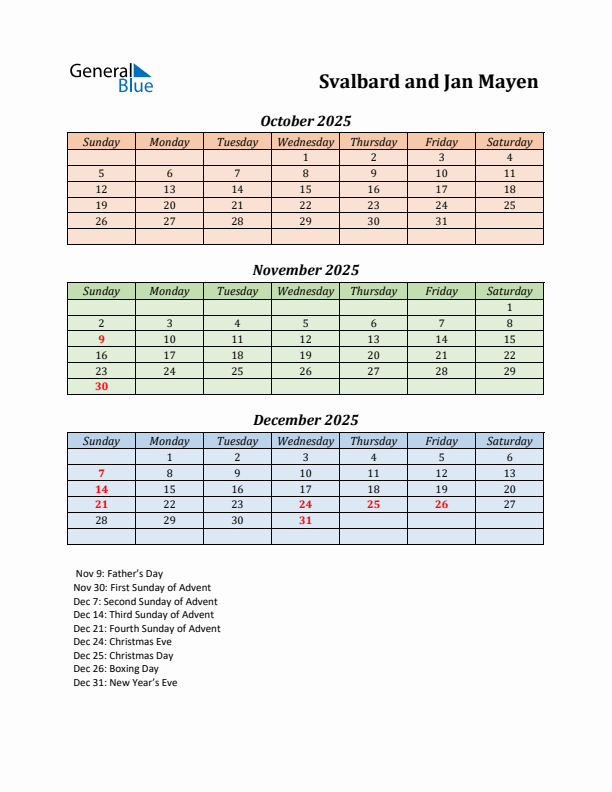 Q4 2025 Holiday Calendar - Svalbard and Jan Mayen