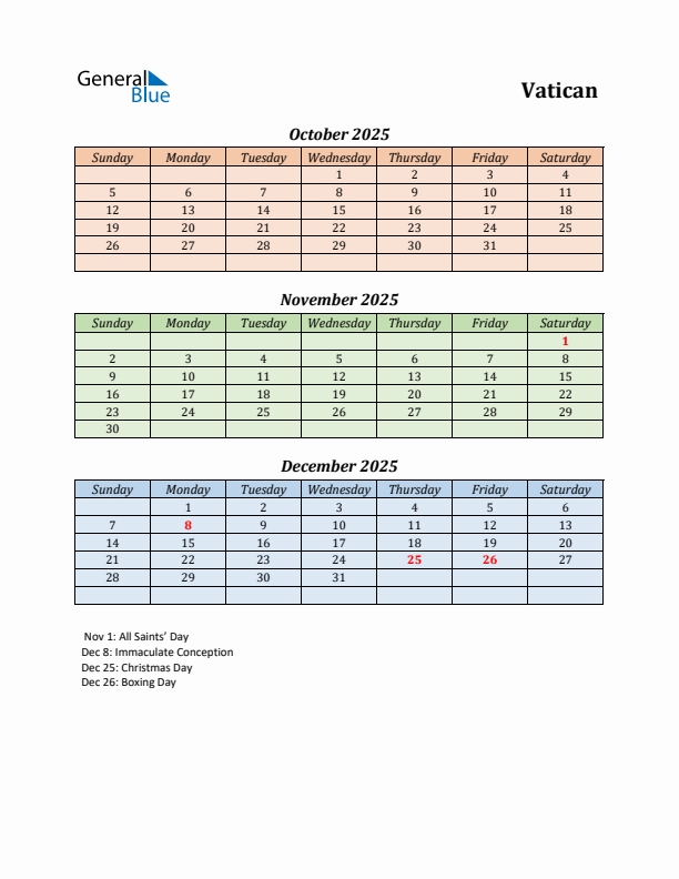 Q4 2025 Holiday Calendar - Vatican