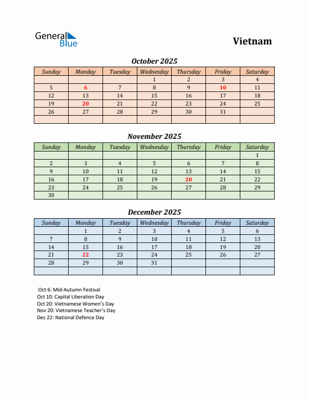 Q4 2025 Holiday Calendar - Vietnam