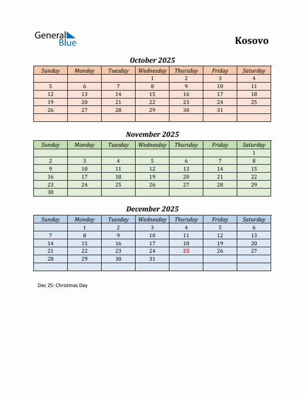 Q4 2025 Holiday Calendar - Kosovo