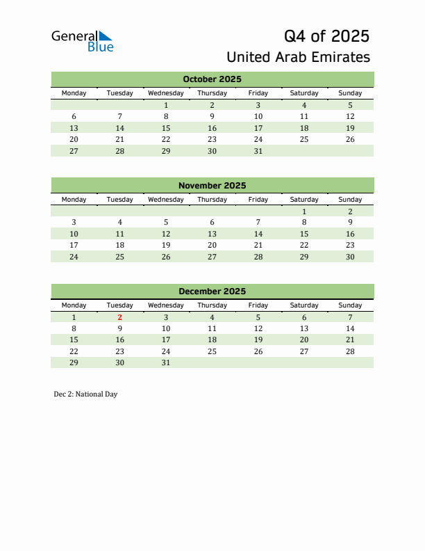 Quarterly Calendar 2025 with United Arab Emirates Holidays