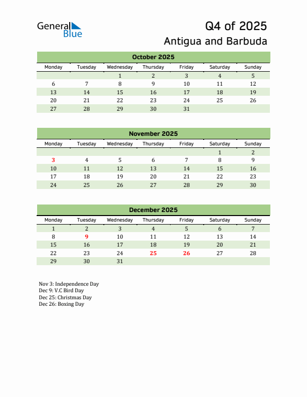 Quarterly Calendar 2025 with Antigua and Barbuda Holidays