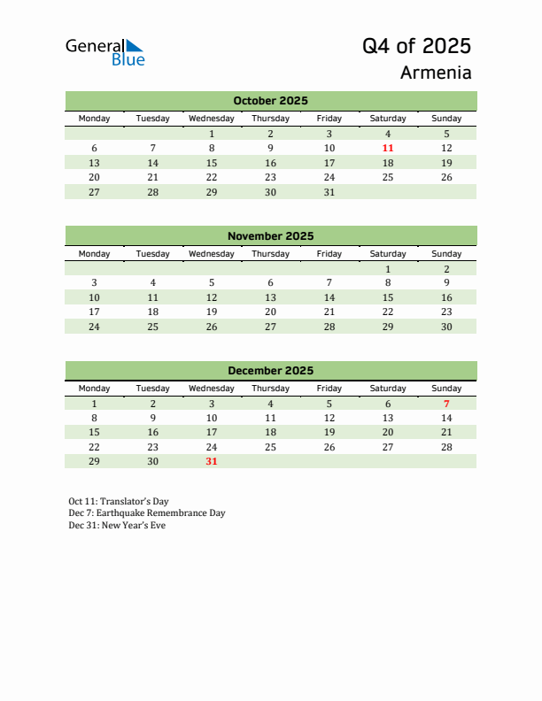 Quarterly Calendar 2025 with Armenia Holidays