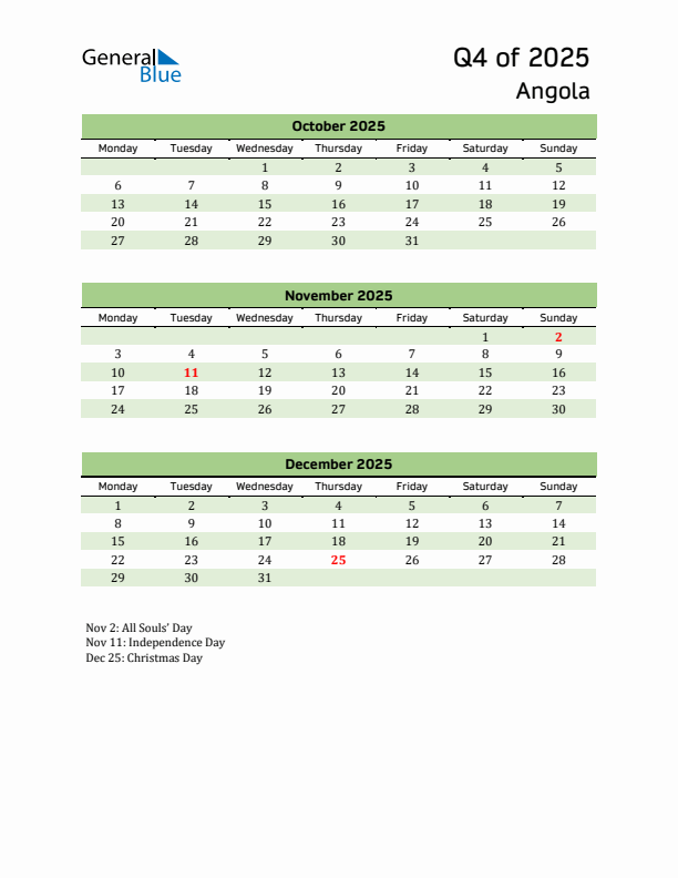 Quarterly Calendar 2025 with Angola Holidays