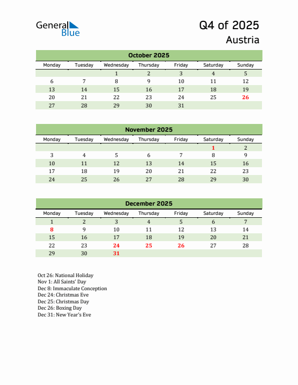 Quarterly Calendar 2025 with Austria Holidays