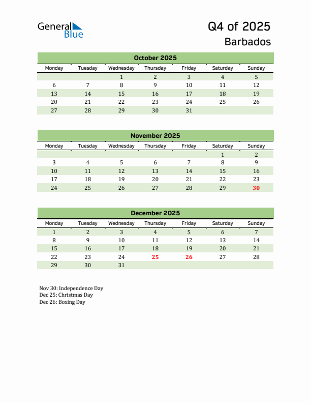 Quarterly Calendar 2025 with Barbados Holidays