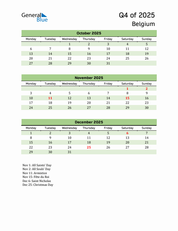 Quarterly Calendar 2025 with Belgium Holidays