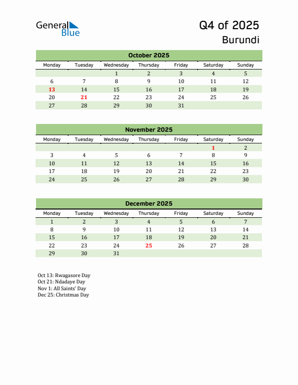 Quarterly Calendar 2025 with Burundi Holidays