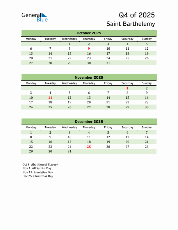 Quarterly Calendar 2025 with Saint Barthelemy Holidays