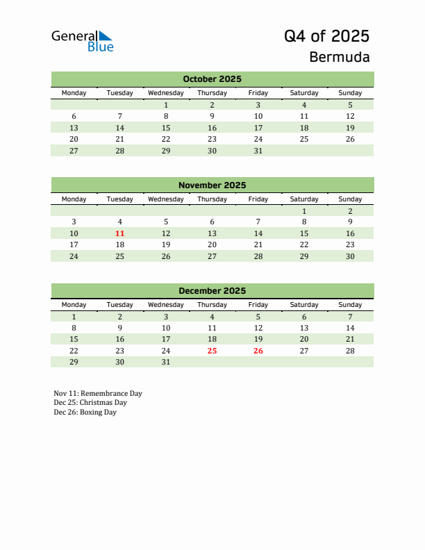 Quarterly Calendar 2025 with Bermuda Holidays