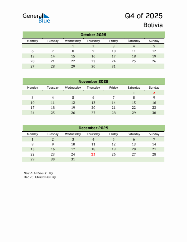 Quarterly Calendar 2025 with Bolivia Holidays