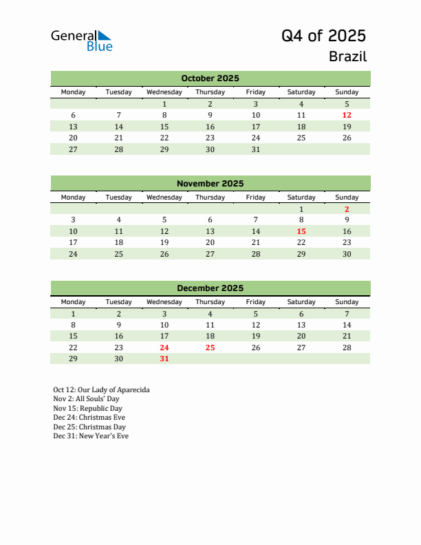 Quarterly Calendar 2025 with Brazil Holidays