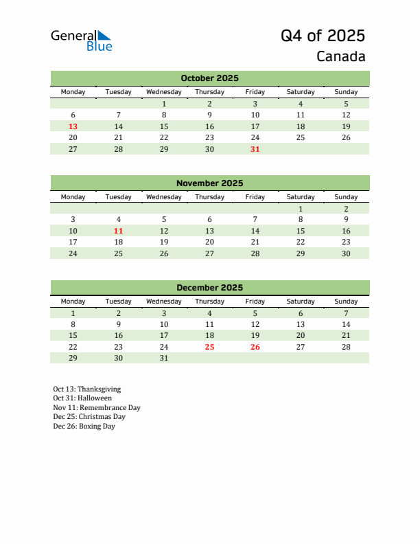 Quarterly Calendar 2025 with Canada Holidays