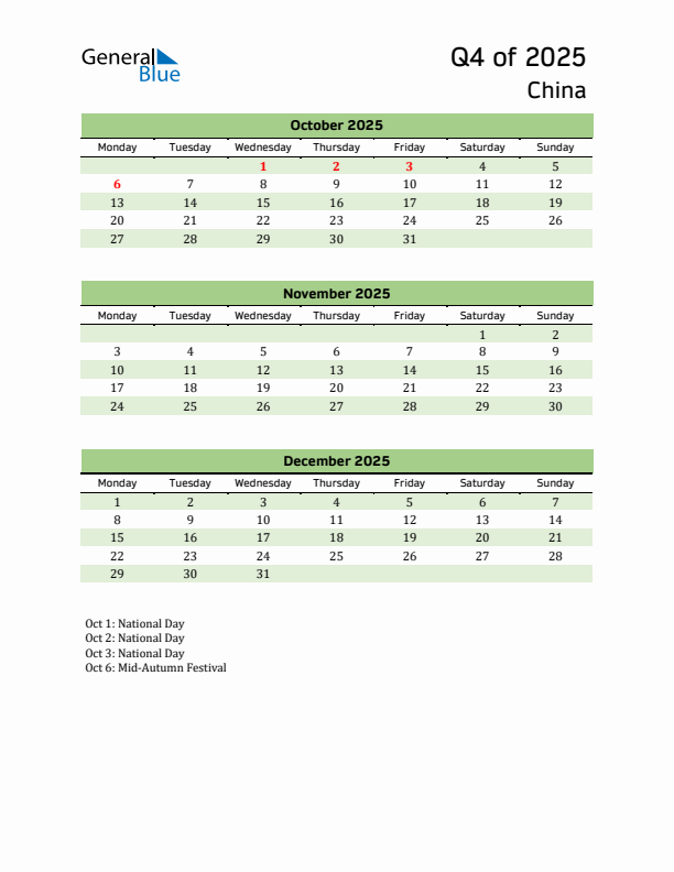 Quarterly Calendar 2025 with China Holidays