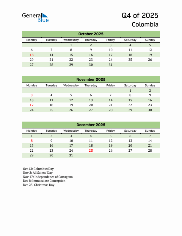 Quarterly Calendar 2025 with Colombia Holidays