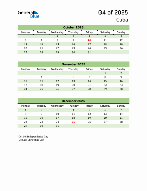 Quarterly Calendar 2025 with Cuba Holidays