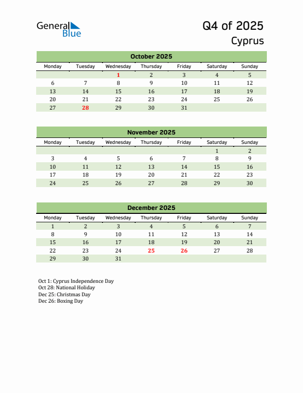 Quarterly Calendar 2025 with Cyprus Holidays