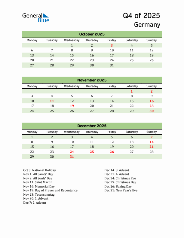 Quarterly Calendar 2025 with Germany Holidays