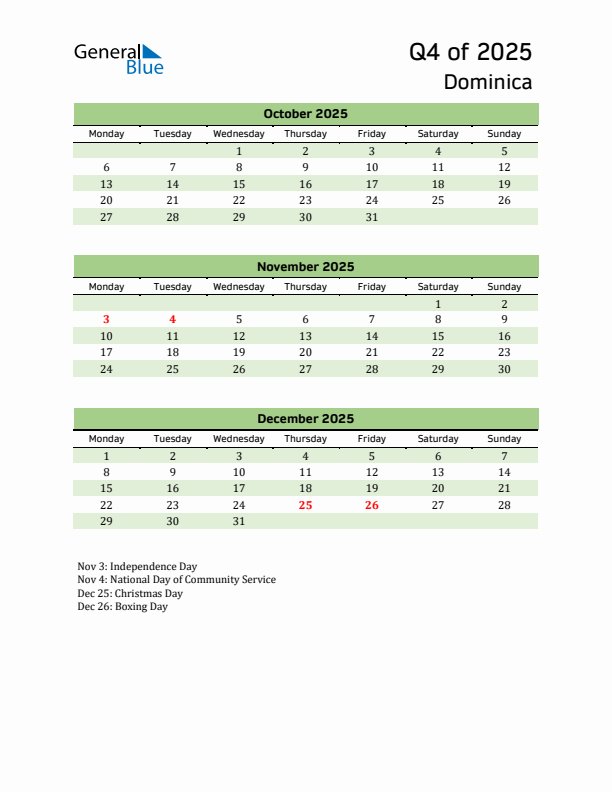 Quarterly Calendar 2025 with Dominica Holidays