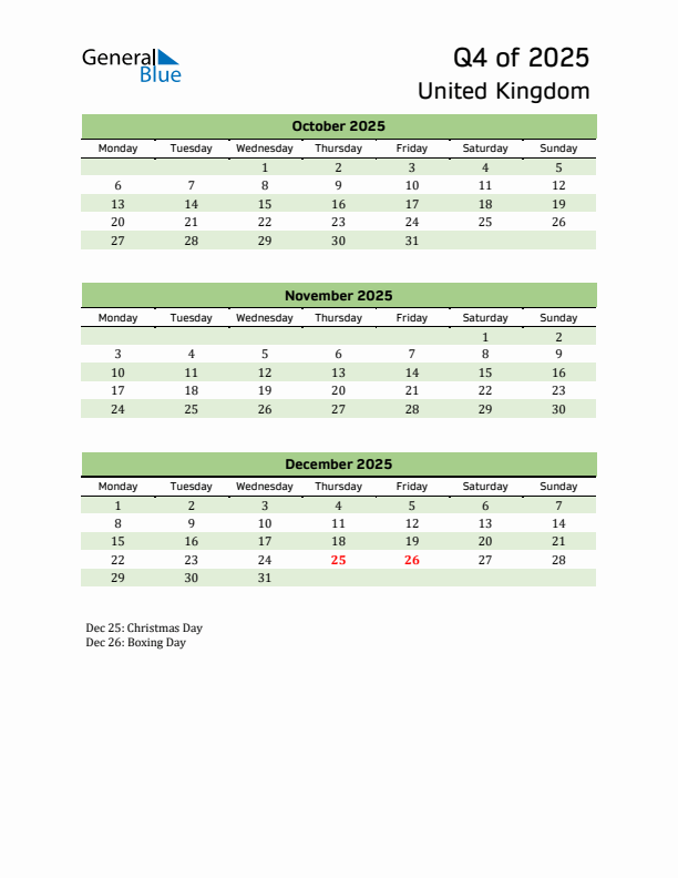 Quarterly Calendar 2025 with United Kingdom Holidays