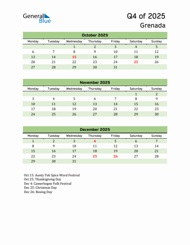 Quarterly Calendar 2025 with Grenada Holidays