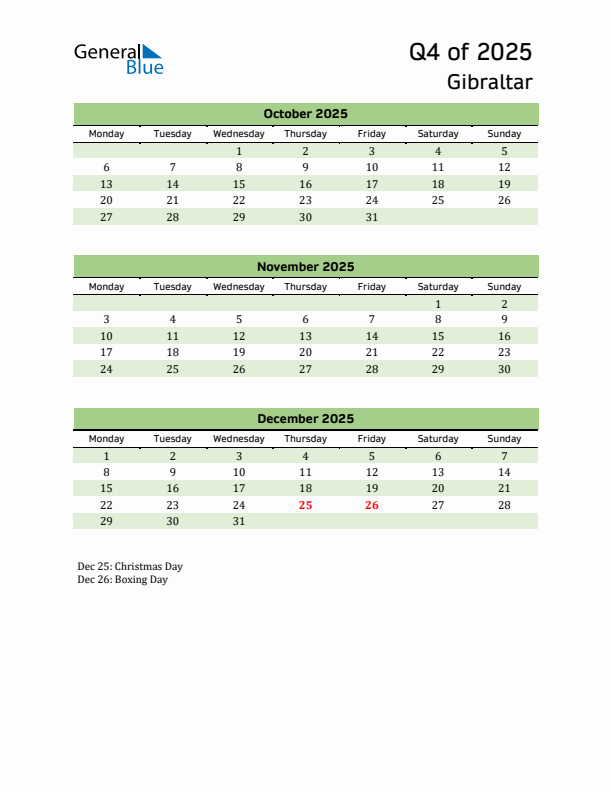 Quarterly Calendar 2025 with Gibraltar Holidays