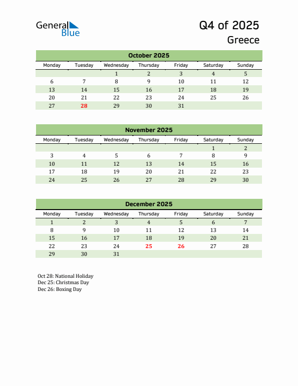 Quarterly Calendar 2025 with Greece Holidays