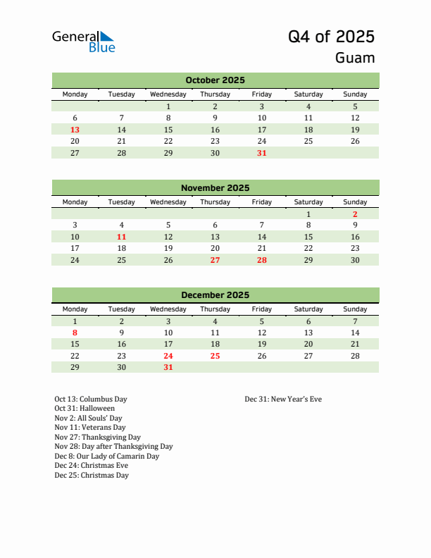 Quarterly Calendar 2025 with Guam Holidays