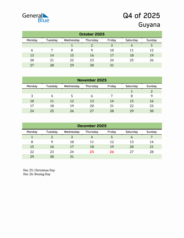 Quarterly Calendar 2025 with Guyana Holidays