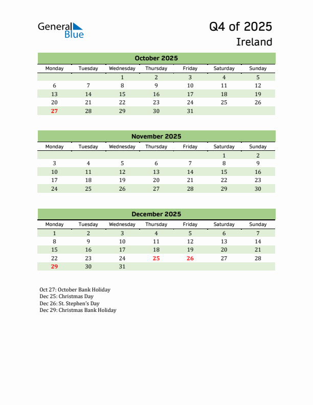 Quarterly Calendar 2025 with Ireland Holidays