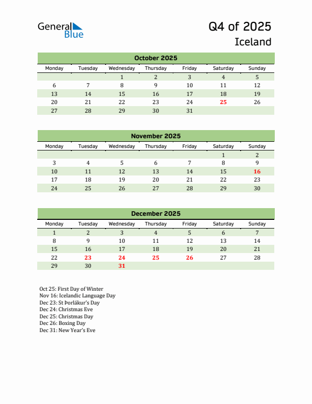 Quarterly Calendar 2025 with Iceland Holidays