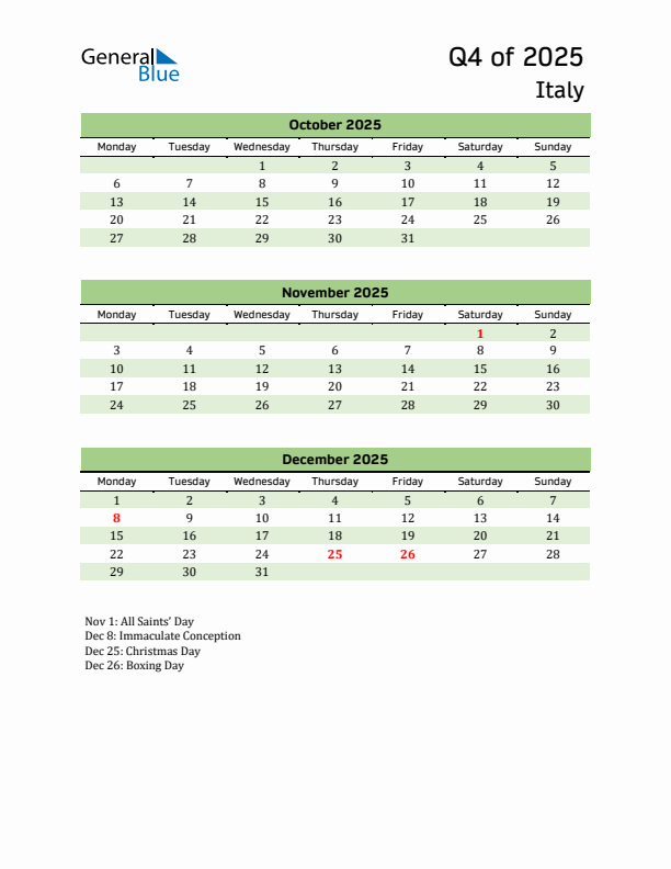 Quarterly Calendar 2025 with Italy Holidays