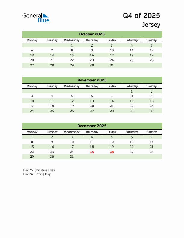 Quarterly Calendar 2025 with Jersey Holidays